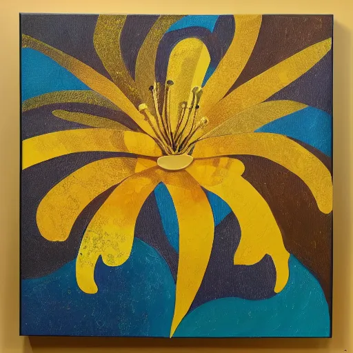 Image similar to an abstract and detailed painting of a lilies buke made out of geometric shapes, using partly gold paint