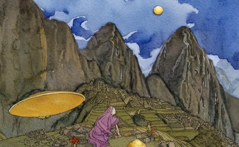 Image similar to a realistic and atmospheric watercolor fantasy concept art of a golden ufo hovering above machu pichu. in the foreground a female medieval monk in grey robes is kneeling with her hands by her sides. by rebecca guay, michael kaluta, charles vess