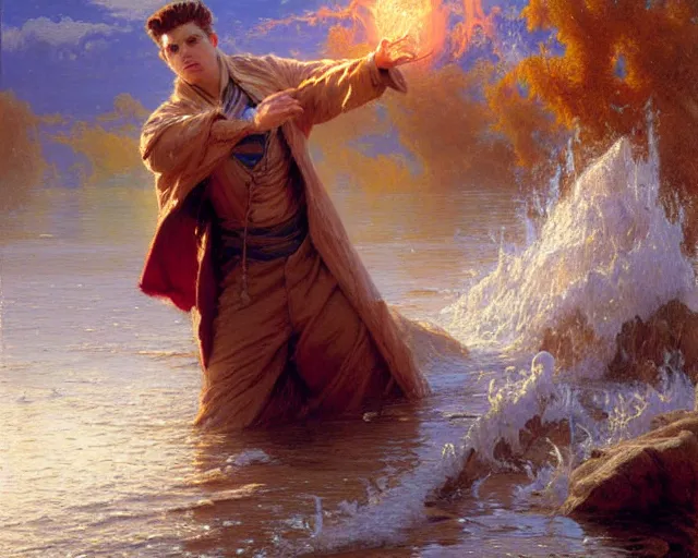 Image similar to attractive male wizard casting powerful tsunami wave spell in a beautiful lake. highly detailed painting by gaston bussiere, craig mullins, j. c. leyendecker 8 k