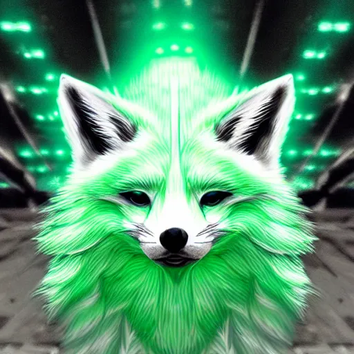 Prompt: digital green white white green and green fox, retrowave palette, digital world, highly detailed, electric breeze, anatomically correct vulpine, synth feel, fluffy face, ear floof, flowing fur, super realism, accurate animal imagery, 4 k digital art