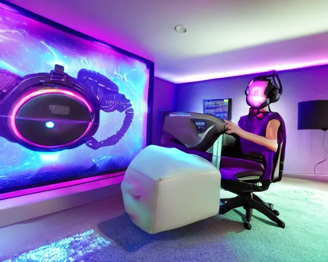 Prompt: an alien spider hybrid in bodysuit playing computer games in a streamer bedroom, sitting in gaming chair, wearing gaming headset, rgb wall light