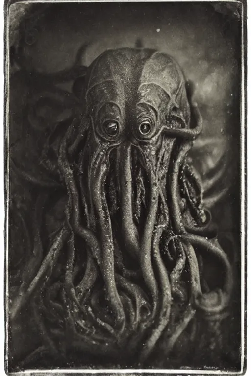 Prompt: a wet plate photograph of a cthulhu monster