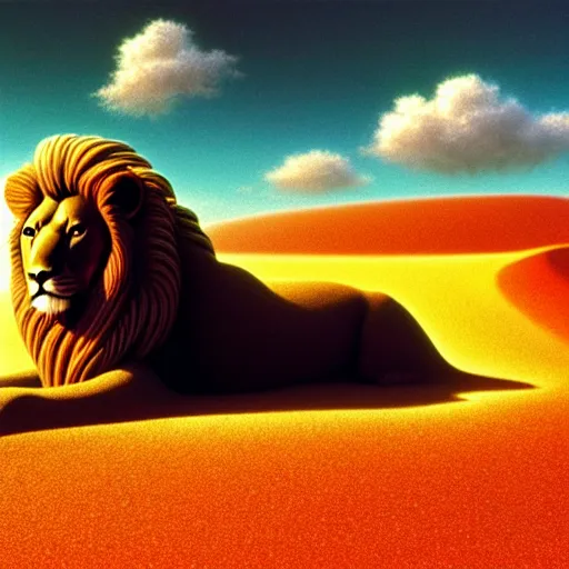 Image similar to lion made of rainbow sand, volumetric light, cinematic, extremely detailed, cgi, trending on artstation, hyper realistic, hd wallpaper, sharp, michael whelan, ted nasmith