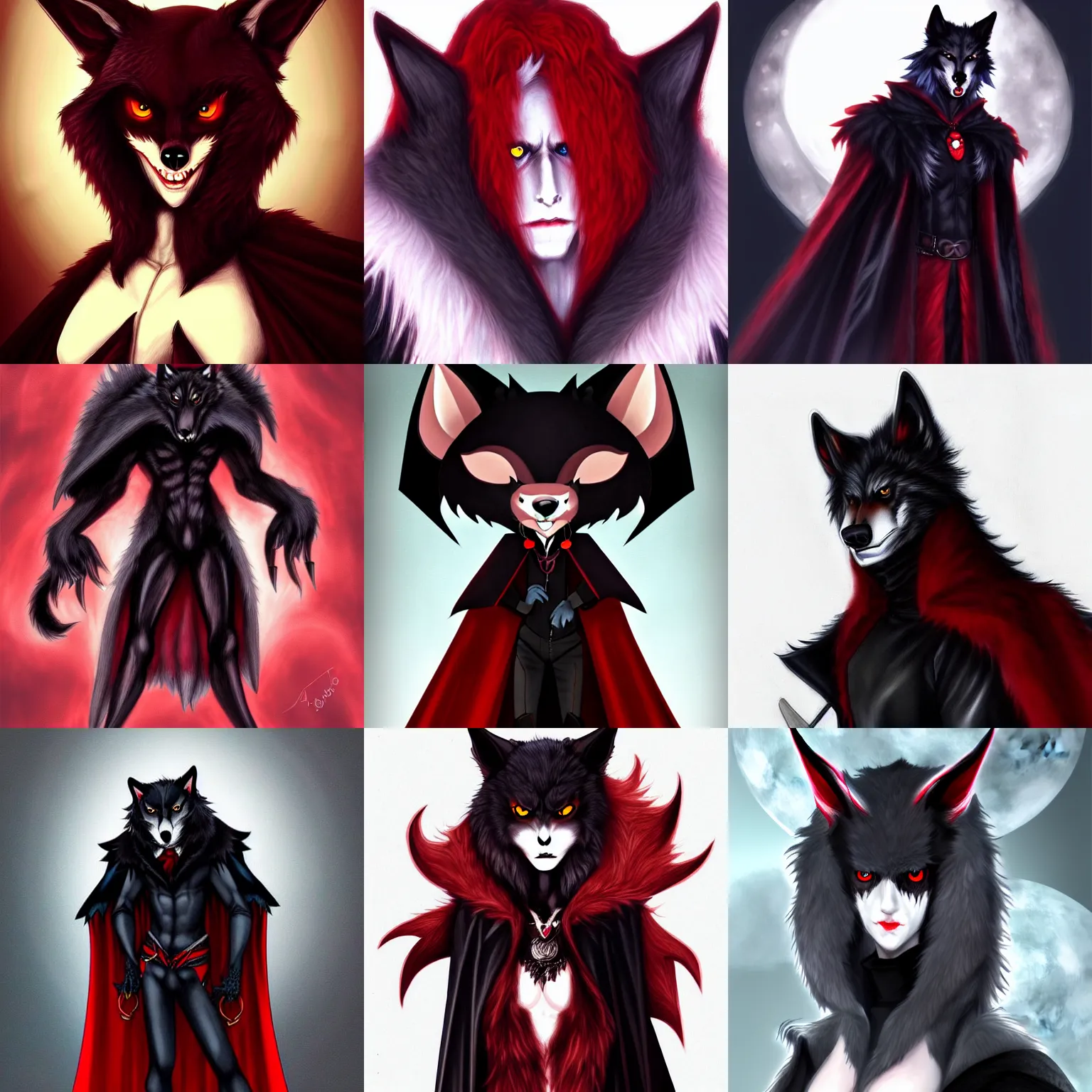 Prompt: a portrait of an anthropomorphic wolf vampire, furry fursona, black cape, red eyes, long fangs!!!, furry, by ayami kojima, artstation, moonlight