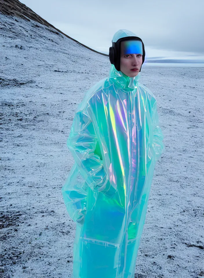 Prompt: an ultra high definition professional studio quality photograph of an artificially intelligent cyberpunk art influencer wearing a transparent iridescent pastel coloured visor and matching wavey raincoat on white coat hook in a sheer icelandic black rock environment. three point light. dramatic lighting. volumetric shadows. light rays