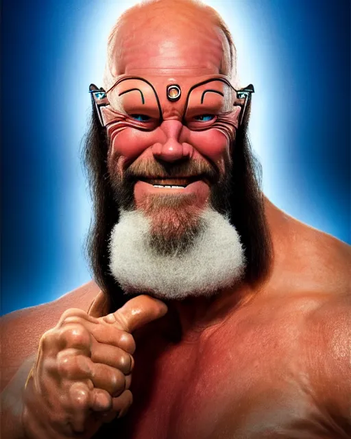 Prompt: disney pixar portrait 8 k photo of randy savage, terry bollea, jim duggan, arn anderson wearing elaborate jewelry : : as tesla cyborg man by pixar : : by weta, greg rutkowski, wlop, ilya kuvshinov, rossdraws, artgerm, annie leibovitz, rave, unreal engine, alphonse mucha : :