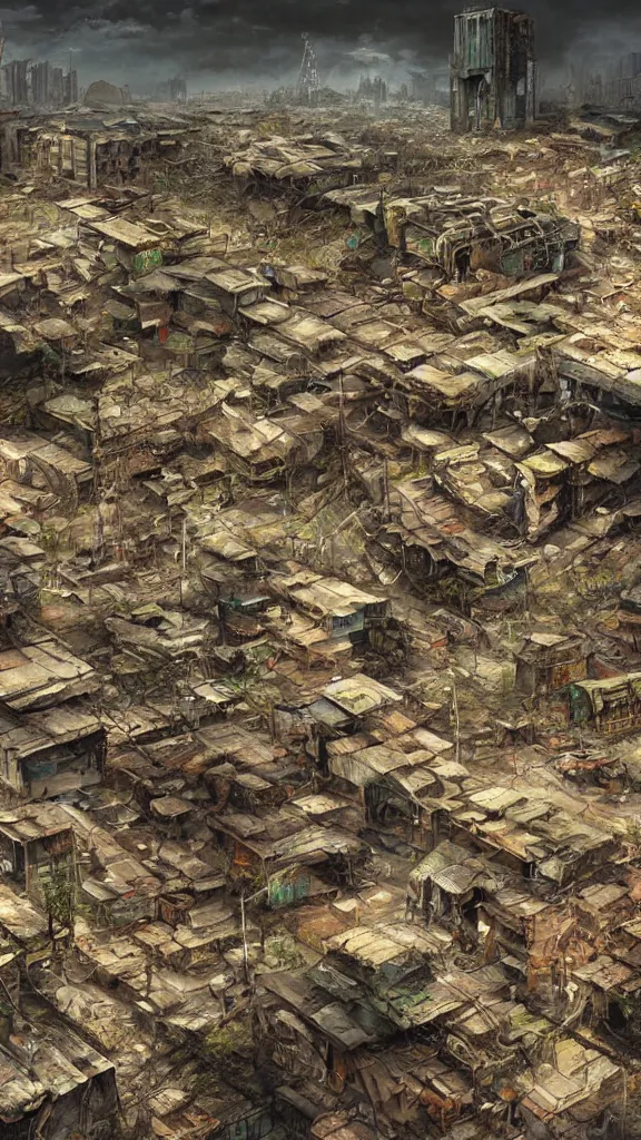 Image similar to a beautiful highly detailed matte painting of a huge derelict cargo favela by Jose Daniel Cabrera Pena and Leonid Kozienko, concept art