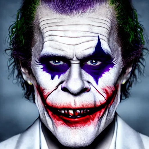 Image similar to william dafoe wearing purple suit and joker makeup cinematic photoshoot high quality highly affordable photo realistic 8 k hd