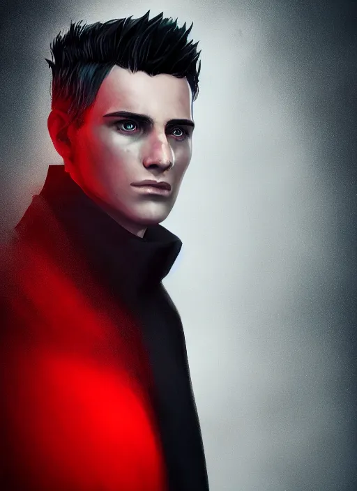 Image similar to An epic fantasy comic book style portrait painting of a young man with black cowlick haircut, wearing black overcoat, red clothes, blue jeans. Unreal 5, DAZ, hyperrealistic, octane render, cosplay, RPG portrait, dynamic lighting