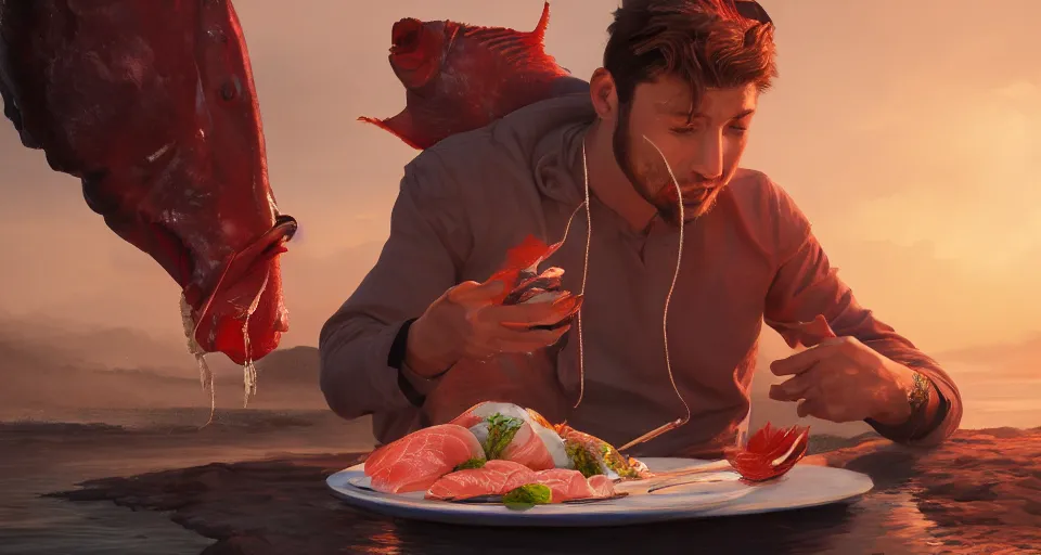 Prompt: a beautiful painting of a man eating raw fish gigantic, octane render, brilliantly coloured, intricate, ultra wide angle, trending on artstation, dusk, volumetric lighting, polished, micro details, ray tracing, 8k