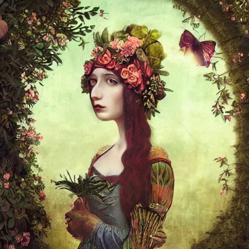 Image similar to a detailed portrait of young woman in renaissance dress and a surreal renaissance headdress, very surreal garden, cyberpunk, surreal tea party, strange creatures, by christian schloe and botticelli, naotto hattori, amy sol, roger dean, moody colors