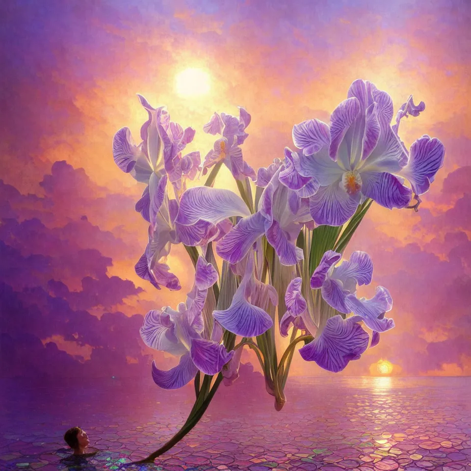 Image similar to detailed giant pastel holographic orchid iris hybrid flower surrounded by ocean waves, lsd water, lsd ripples, droplets, backlit, sunset, refracted lighting, art by collier, albert aublet, krenz cushart, artem demura, alphonse mucha