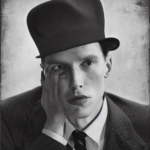 Image similar to A photograph portrait of Jerma985 wearing a suit with and fedora in the 1940s, taken in the early 1940s, grainy, taken on a 940s Kodak Camera, realistic, hyperrealistic, very realistic, highly detailed, very detailed, extremely detailed, detailed, digital art, trending on artstation