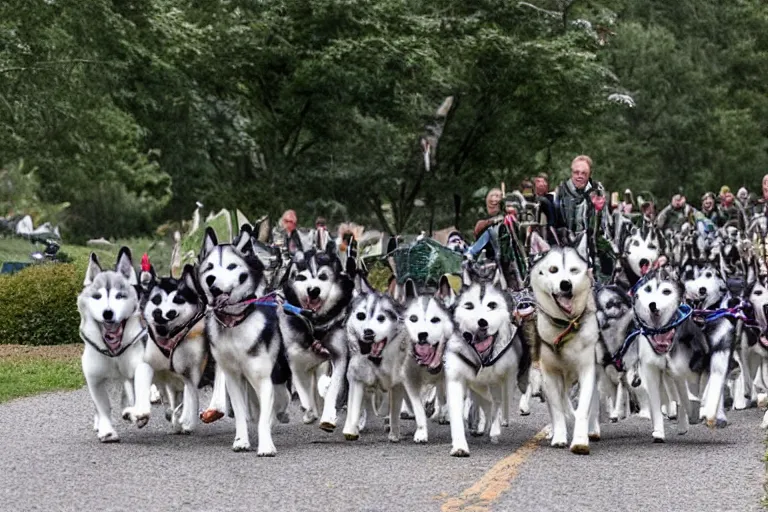 Prompt: General husky of the dog army marching his dog battalion to an epic battle