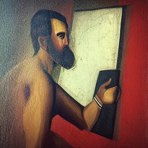 Image similar to “man on iPhone, Ancient Greek painting”