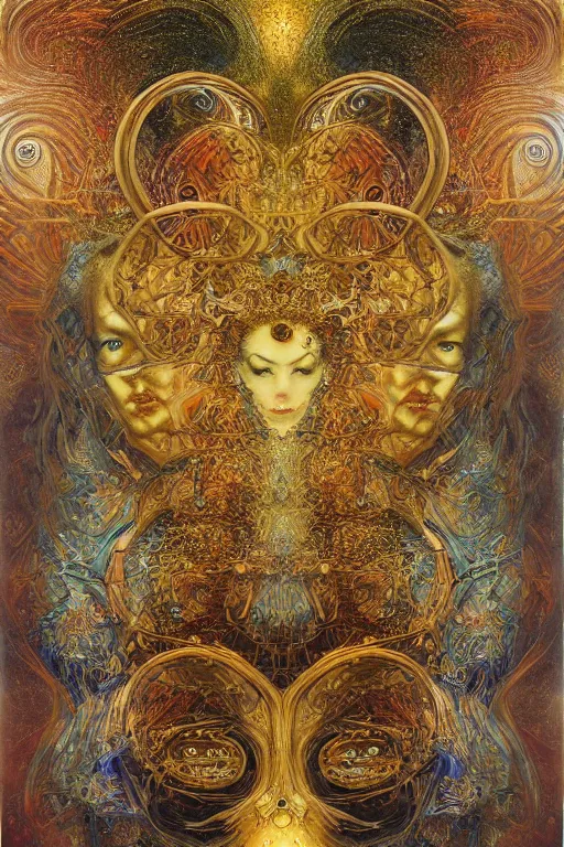 Image similar to Divine Chaos Engine by Karol Bak, Jean Deville, Gustav Klimt, and Vincent Van Gogh, visionary fractal structures, ornate gilded medieval icon, spirals, 8k 3D