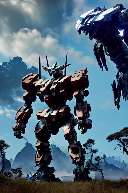 Image similar to a cinematic still from horizon zero dawn and pacific rim and westworld, full body mech, gundam, intact humanoid servo, octane render, nvidia raytracing demo, masterpiece, aged armor plating, decipticon armor plating, aggressive head, endoekeleton exposure