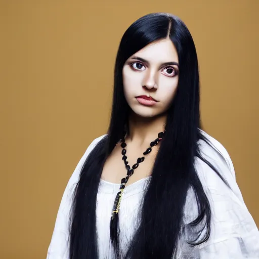 Image similar to young iraqui woman with long black straight hair, white dress