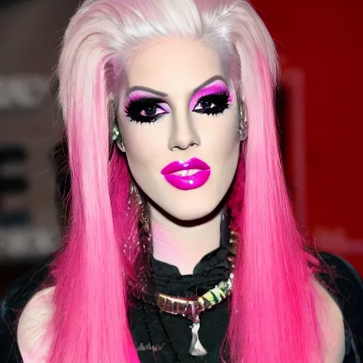 Prompt: photo of jeffree star in the 2 0 0 0 s with pink red hair holding makeup