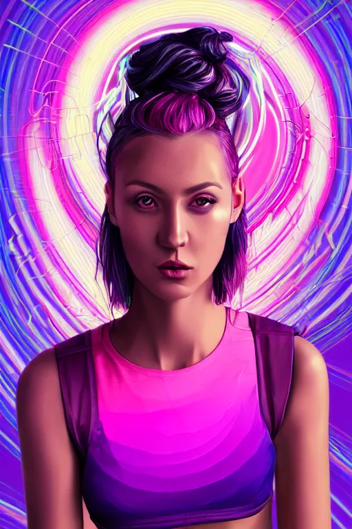 Image similar to a award winning half body portrait of a beautiful woman in a croptop and cargo pants with ombre purple pink teal hairstyle and hands in pockets by ari liloan, surrounded by whirling illuminated lines, outrun, vaporware, shaded flat illustration, digital art, trending on artstation, highly detailed, fine detail, intricate