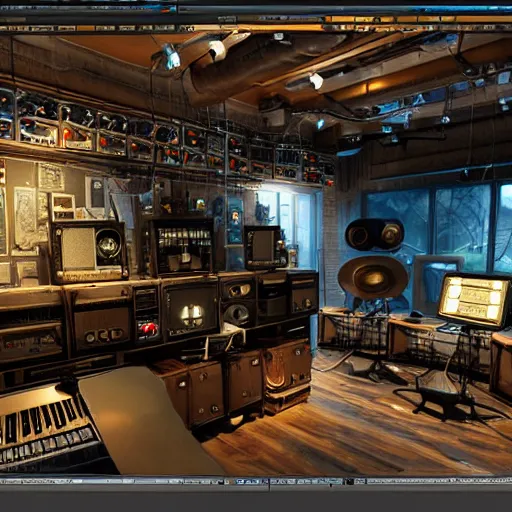 Image similar to steam punk music studio full of mixers, speakers and old electronic music machines and cables, artstation, unreal engine, voluminous lighting