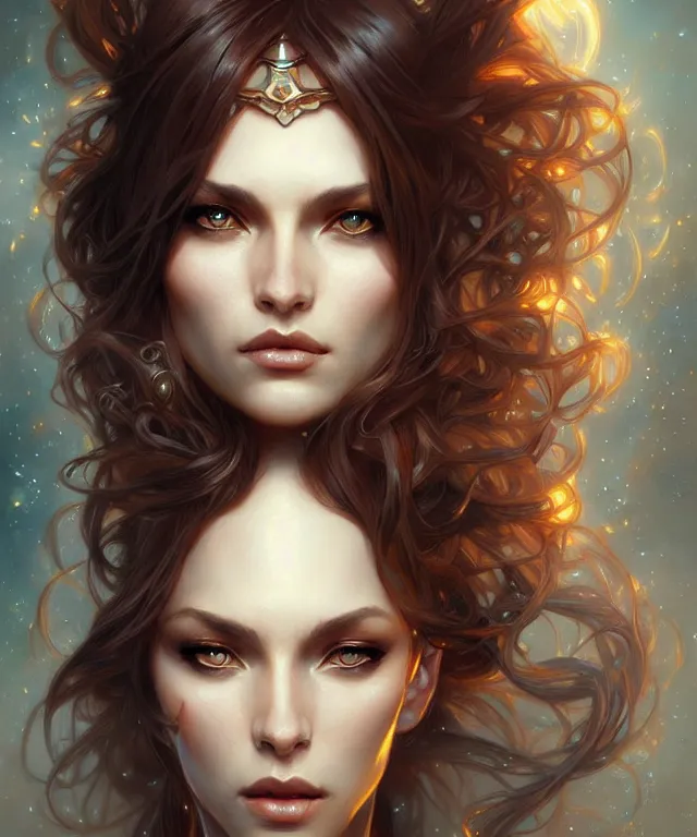 Image similar to fantasy magic woman portrait, sci-fi, amber eyes, face, long hair, fantasy, intricate, elegant, highly detailed, digital painting, artstation, concept art, smooth, sharp focus, illustration, art by artgerm and greg rutkowski and alphonse mucha