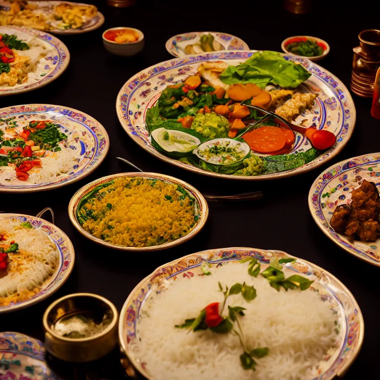 Prompt: close - up focused dslr photograph of an tajikistan dinner, 8 k, high detail, volumetric lighting, hyperrealism, aesthetically pleasing, studio lighting, trending