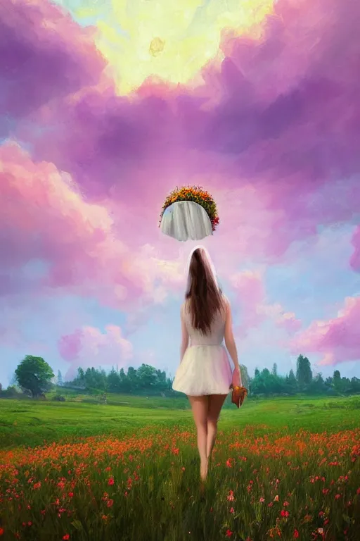 Image similar to giant white flower crown as head, veil girl walking in a flower field, surreal photography, sunrise, dramatic light, impressionist painting, colorful clouds, digital painting, artstation, simon stalenhag