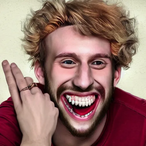 Prompt: An unsettlingly realistic portrait of a hybrid of Logan Paul and Ricky Berwick with a massive grin.