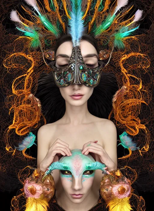 Image similar to 3 d goddess medium shot half - turn portrait with futuristic rococo mycorrhizal fungal implants. beautiful intricately detailed avante garde chameleon mask and alchemical feather and fur sorceress outfit. bioluminescent highlights, polyphony, pulse projections, plasma, creature, artwork by tooth wu and wlop and android jones and beetle and greg rutkowsk