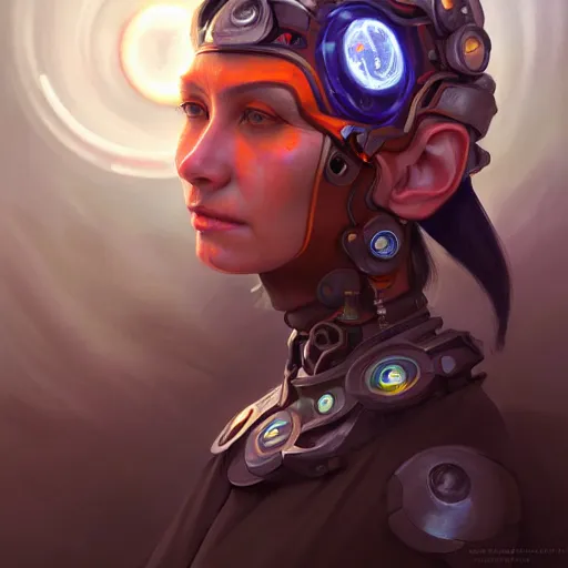 Image similar to portrait of a future metaverse cyborg tech shaman warrior by Mandy Jurgens, 2D cartoon, flat cartoony, oil painting visionary art, symmetric, Magick symbols, holy halo, shipi bo patterns, sci-fi