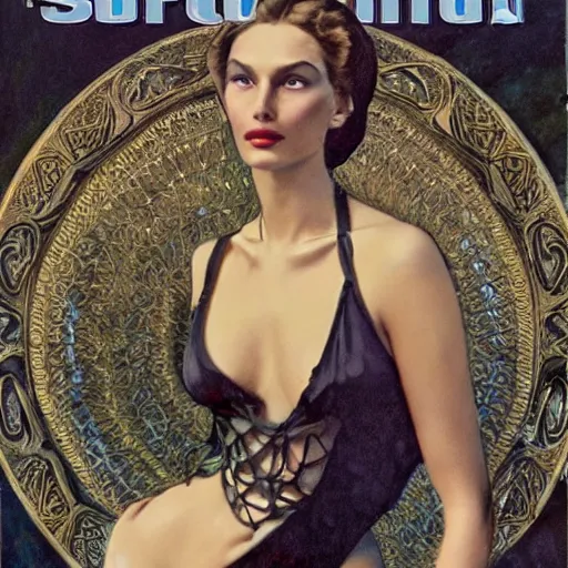 Prompt: A photo of a gorgeous Grigori Rasputin on the cover of Swimsuit Illustrated 1960 in the aesthetic of mert and marcus, masterpiece, intricate, elegant wardrobe, highly detailed, digital painting, artstation, concept art, smooth, sharp focus, illustration, art by artgerm and james jean and greg rutkowski and alphonse mucha