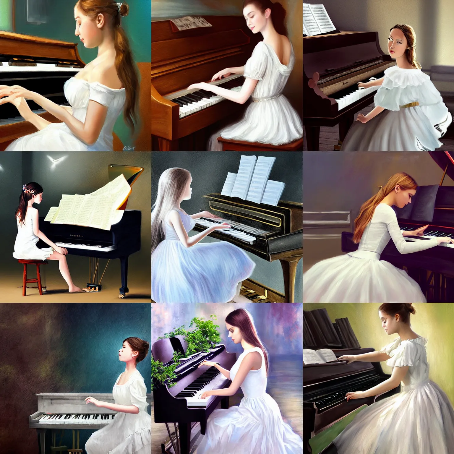 Prompt: a beautiful girl with white dress playing the piano, realistic painting, high definition, digital art, matte painting, very detailed, realistic
