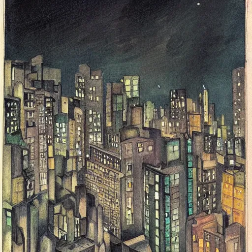 Image similar to A beautiful, but eerie, illustration of a cityscape at night. The buildings are all tall and thin, and they are lit up by a strange light. The sky is deep and dark and there are no stars to be seen. cutaway by Suzanne Valadon jaunty