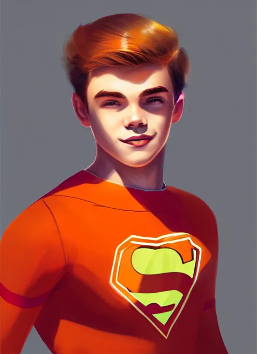 Image similar to friendly teenage archie andrews wearing an orange superhero costume with heart logo, freckles, superhero costume, heart emblem on chest, cape, intricate, elegant, glowing lights, highly detailed, digital painting, artstation, sharp focus, illustration, art by wlop, mars ravelo and greg rutkowski