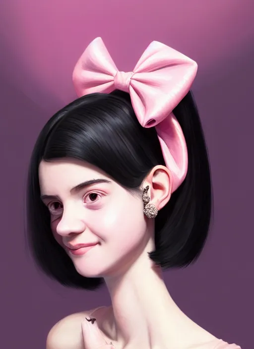 Image similar to portrait of high school girl, realistic, black hair, bangs, half updo hairstyle, pointy nose, skinny, smile, ugly, defined jawline, big chin, pink hair bow, earrings, intricate, elegant, glowing lights, highly detailed, digital painting, artstation, sharp focus, illustration, art by wlop, mars ravelo and greg rutkowski