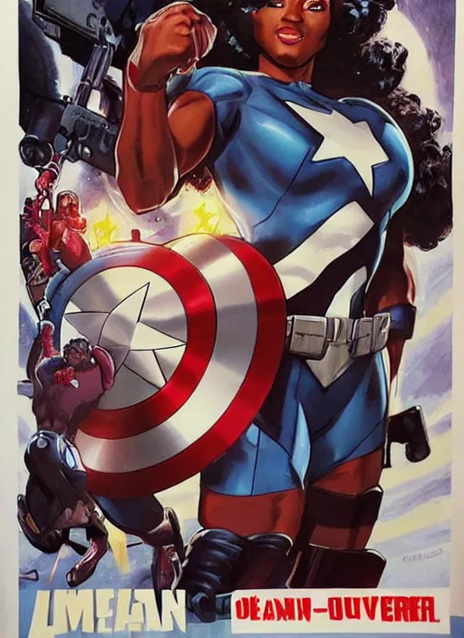 Image similar to beautiful black female captain america. afro - feminist captain america wins wwii. american wwii propaganda poster by james gurney, rob liefeld and pixar. gorgeous face. overwatch, realistic. black power