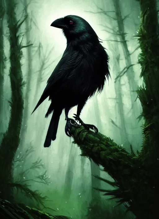 Image similar to side portrait dark crow (animal), close-up, fantasy forest landscape, moonshine, fantasy magic, nice black feather, proud, green dark light night, intricate, elegant, sharp focus, illustration, highly detailed, digital painting, concept art, matte, art by WLOP and Artgerm and Greg Rutkowski and Eddie Mendoza, masterpiece