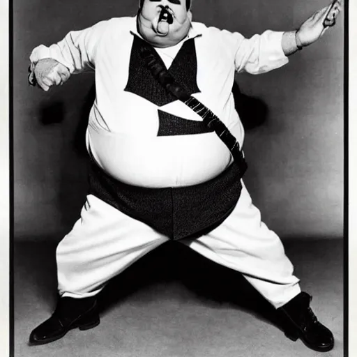 Image similar to live-action-Wario-hollywood movie casting, played by Oliver-Hardy, posing for poster photography