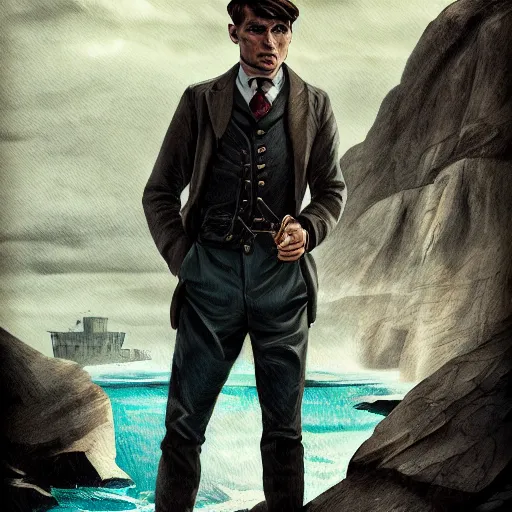 Image similar to Thomas Shelby cillian murphy standing in atlantis, in the style of Benjamin Bader, sharp, highly detailed, realistic face, digital art, epic, fantasy, artstation