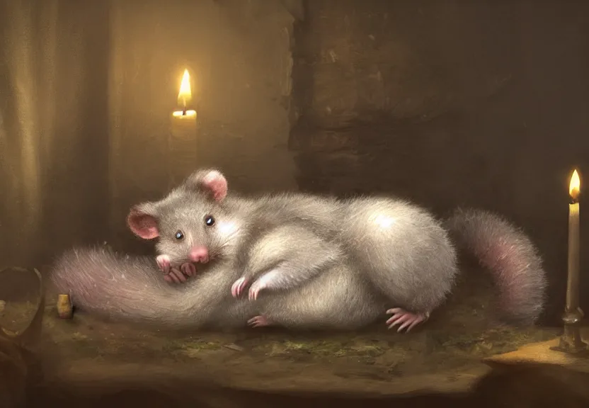 Image similar to cute possum in its pajamas sleeping in a bed in a medieval cluttered cottage at night under the dim light of a candle, dark fantasy, dreaming illusion, trending on artstation