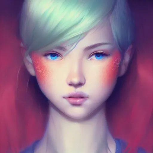 Image similar to very cool girl blonde hair black back, mint higlights, strong eyelashes, cute nose and lips makeup, nose piercing, detailed portrait, intricate complexity, by greg rutkowski, artgerm, ross tran, conrad roset, takato yomamoto, ilya kuvshinov. 4 k, beautiful, cinematic dramatic atmosphere