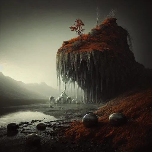 Image similar to michal karcz grunge painting of a beautiful landscape. , monster theme, detailed, elegant, intricate, 4k,