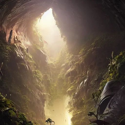 Prompt: epic, ultra detailed, hyper - real alien jungle by greg rutkowski inside a giant cave by zaha hadid