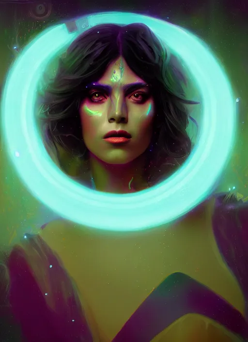 Prompt: glowwave portrait of camila mendez as a cyborg sorceress, in the art style of jeremy lipkin