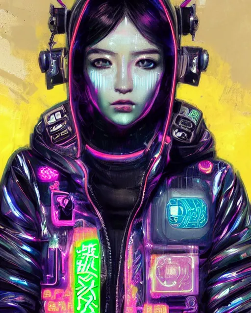 Image similar to detailed portrait Neon Operator Girl, cyberpunk futuristic neon, reflective puffer jacket, black leggings, decorated with traditional Japanese ornaments by Ismail inceoglu dragan bibin hans thoma !dream detailed portrait Neon Operator Girl, cyberpunk futuristic neon, reflective puffy coat, decorated with traditional Japanese ornaments by Ismail inceoglu dragan bibin hans thoma greg rutkowski Alexandros Pyromallis Nekro Rene Maritte Illustrated, Perfect face, fine details, realistic shaded, fine-face, pretty face