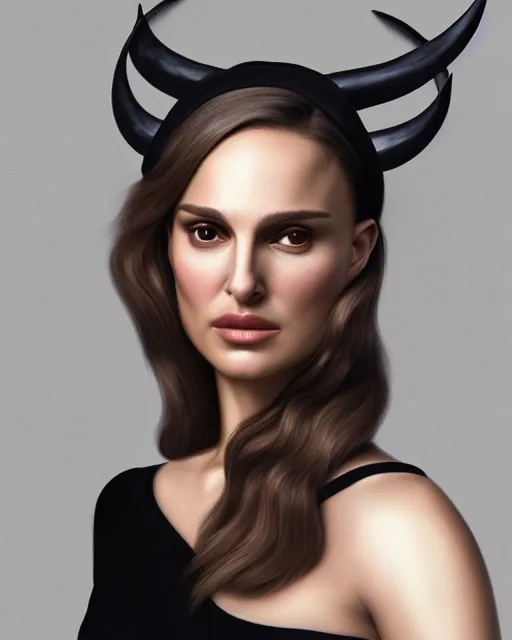 Prompt: Natalie Portman, wearing devil horns headband, very detailed portrait, ultrarealistic, dramatic lighting, electrical details, high details, 4k, 8k, best, accurate, trending on artstation, fur, artstation, photorealism, ultrarealistic, digital painting, style of Dali, Caravaggio, Boris Vallejo