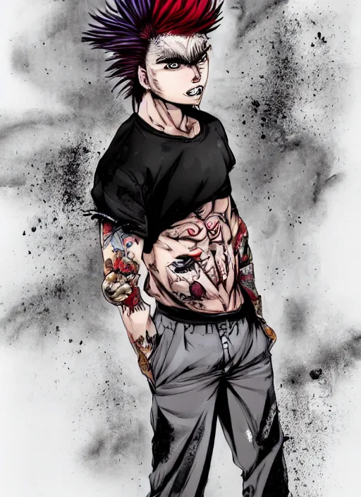 Image similar to a young man of 2 5 years old, with a bruised face and bruises, is standing in a doorway in a boxer's stance, casual clothing style, by james jean art, by boichi manga style, hairstyle red mohawk, cold colors, comics style, angry 8 k