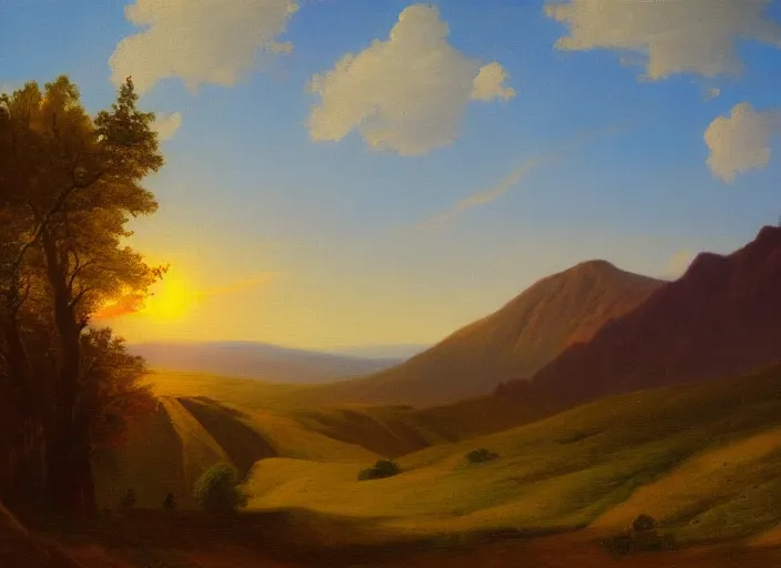 Image similar to the armenian highlands with the sun setting as the background in the style of hudson river school of art, oil on canvas