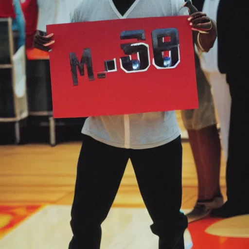 Prompt: michael jordan holding a sign that says